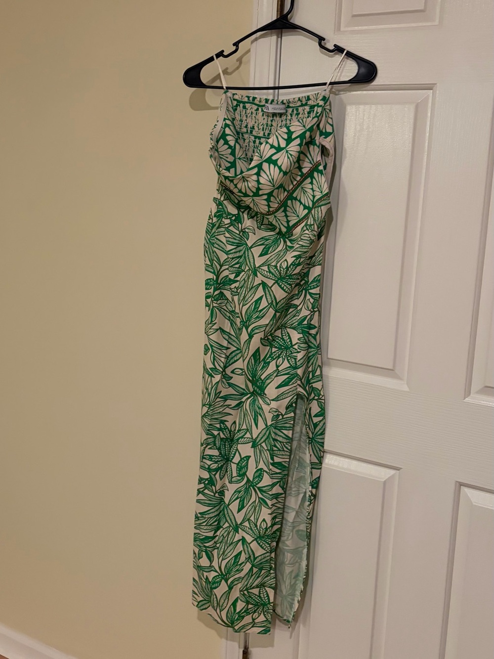Zara Green & Cream Botanical Smocked Maxi Dress